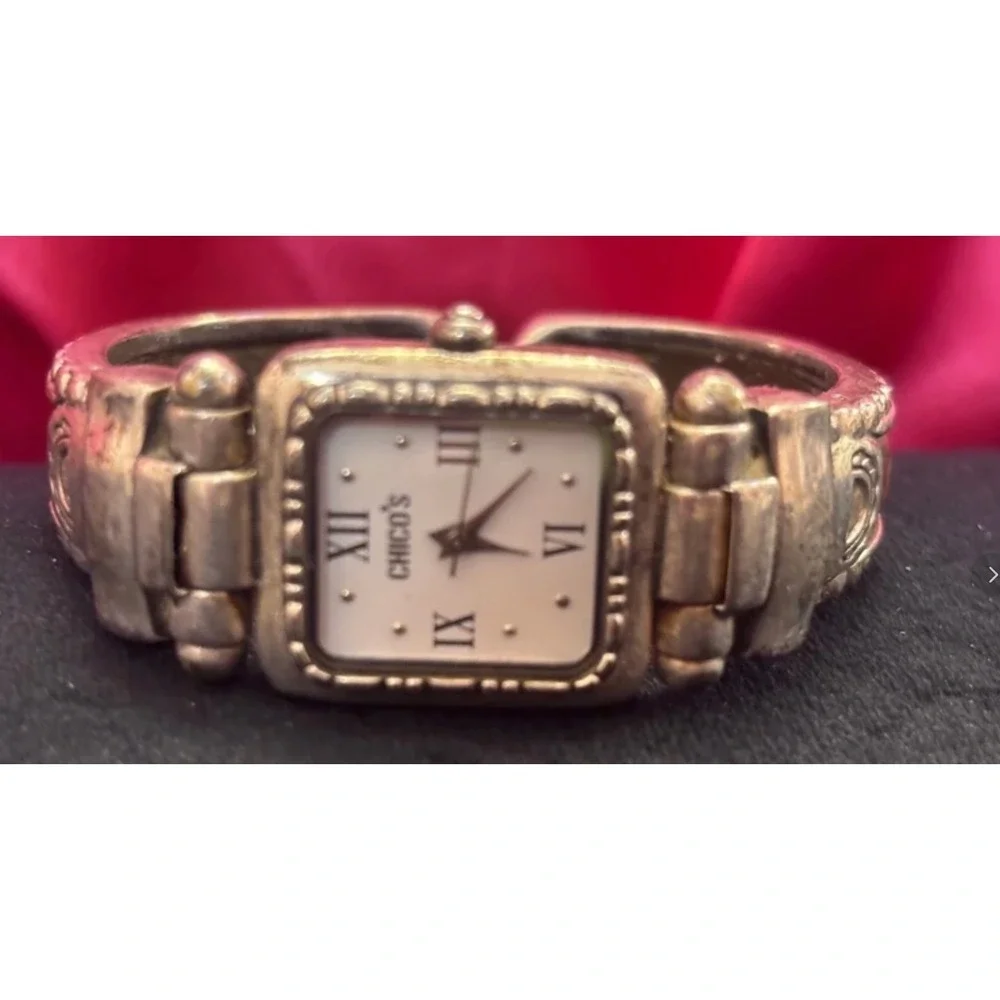 Chico's Silver Tone Cuff Bangle Watch Square Face Roman Numerals CH-310BG